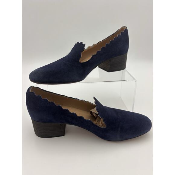 Chloé Suede Scalloped Loafers Navy Blue Suede Pumps Size 39.5 / 9.5 Block Heel - Picture 16 of 16